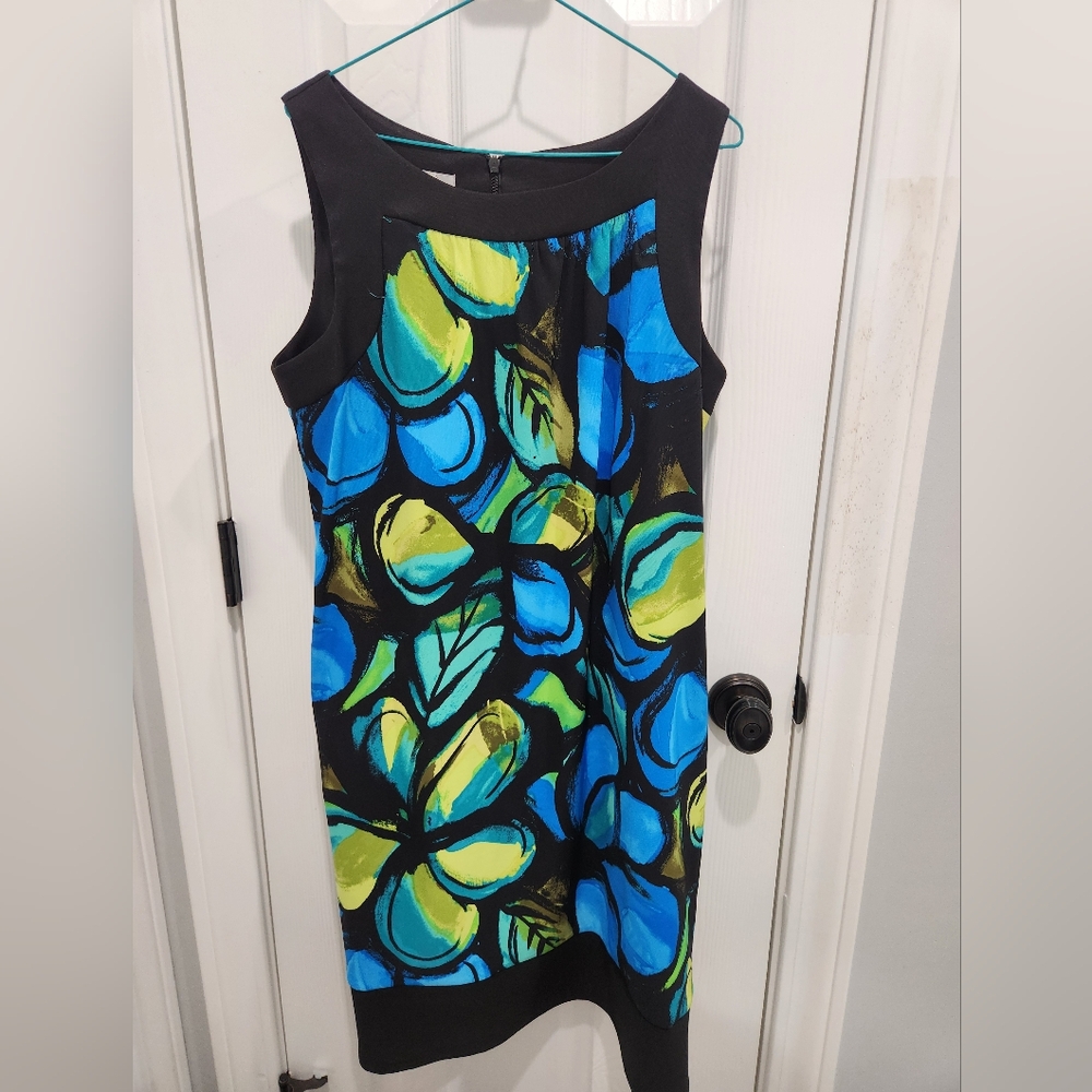 Kim Rogers Multi Color Floral Print Sleeveless Dress Size 14 Blue Black Green
